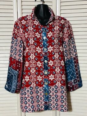 John Mark Red and Blue Printed Button-Down Shirt